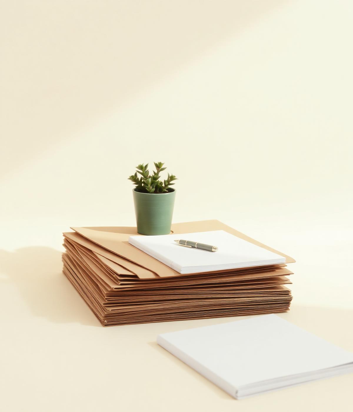 Neatly organized folders, a notebook, and a small plant on a cream-colored desk